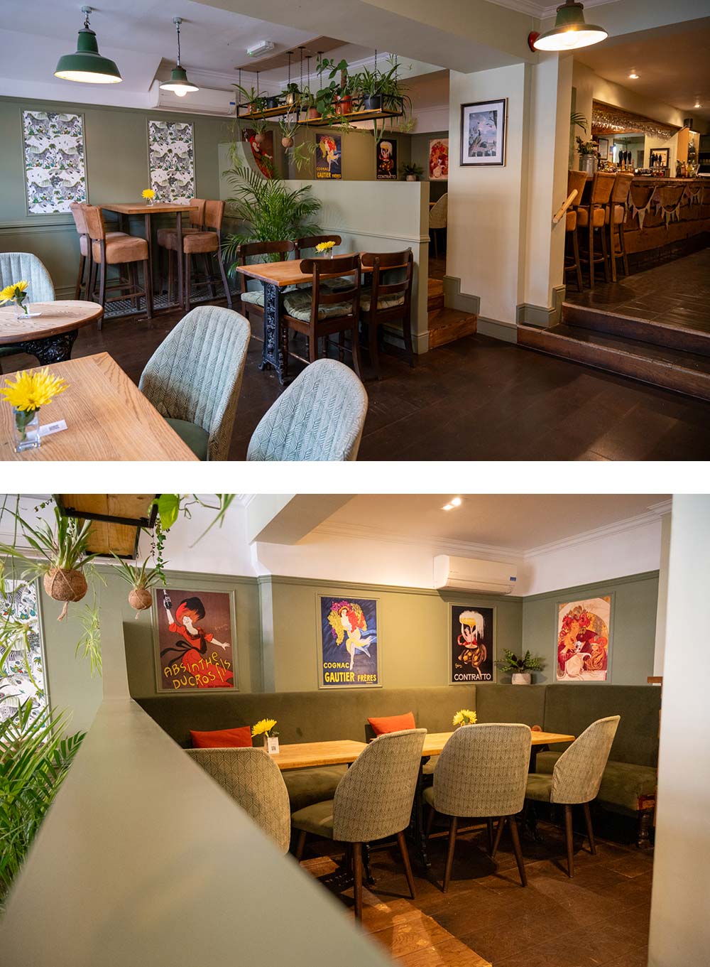 2 image pic with tables and chairs and view of the bar in the distance