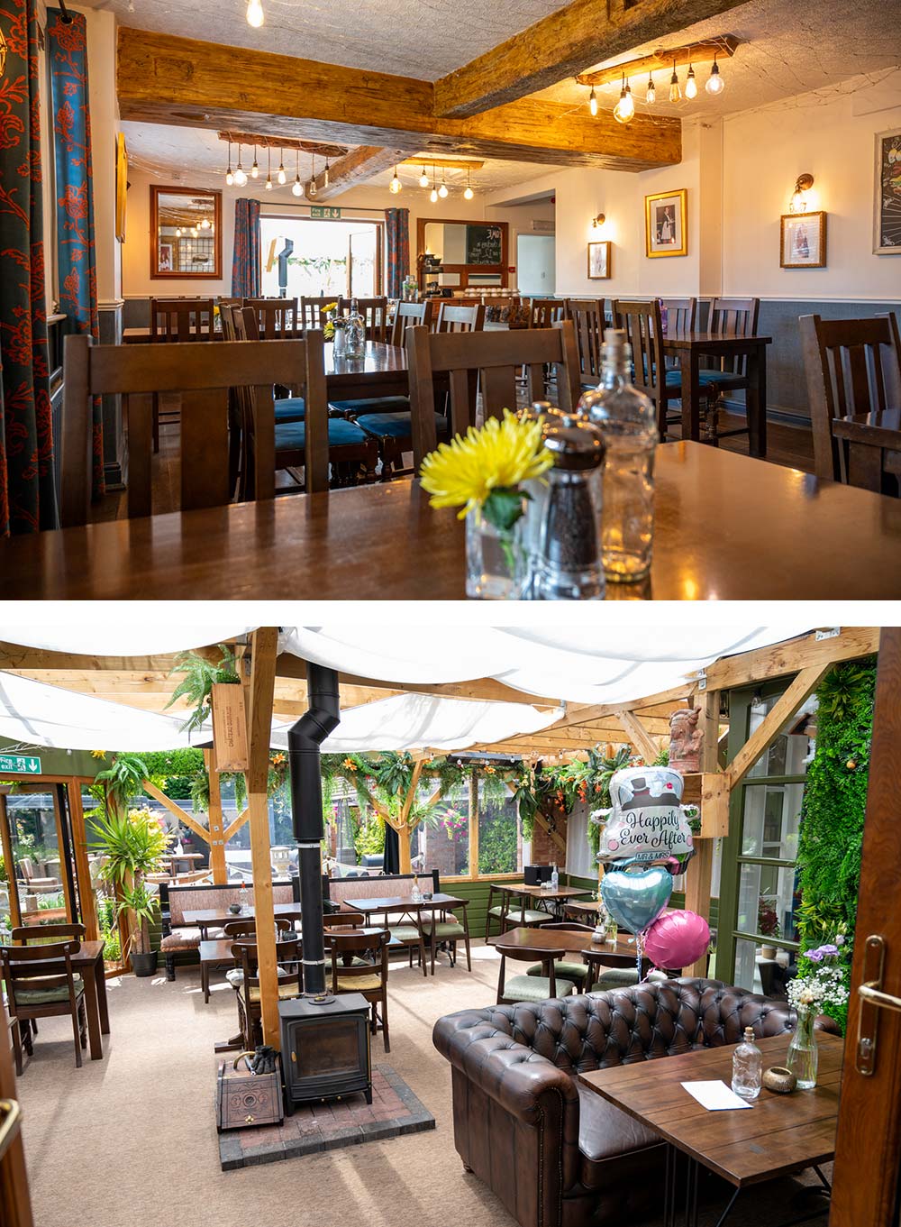 view of 2 pics of restaurant table and chairs and stove