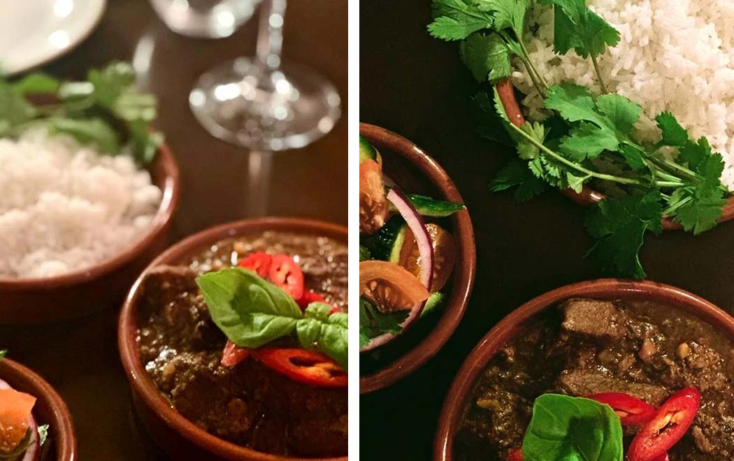 2 pics of a plated curry dish with rice and salad on the side