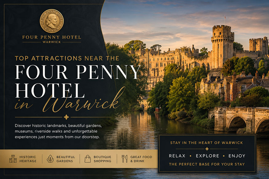 Four Penny Hotel Warwick near Warwick Castle and top local attractions including historic landmarks, gardens and riverside walks