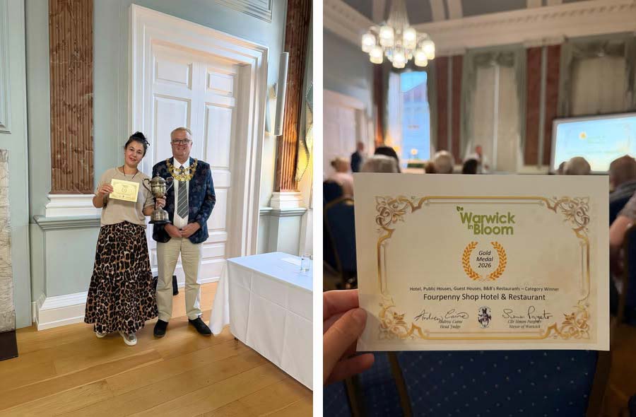 The Fourpenny wins Warwick in Bloom 2026 2 people holding certificate